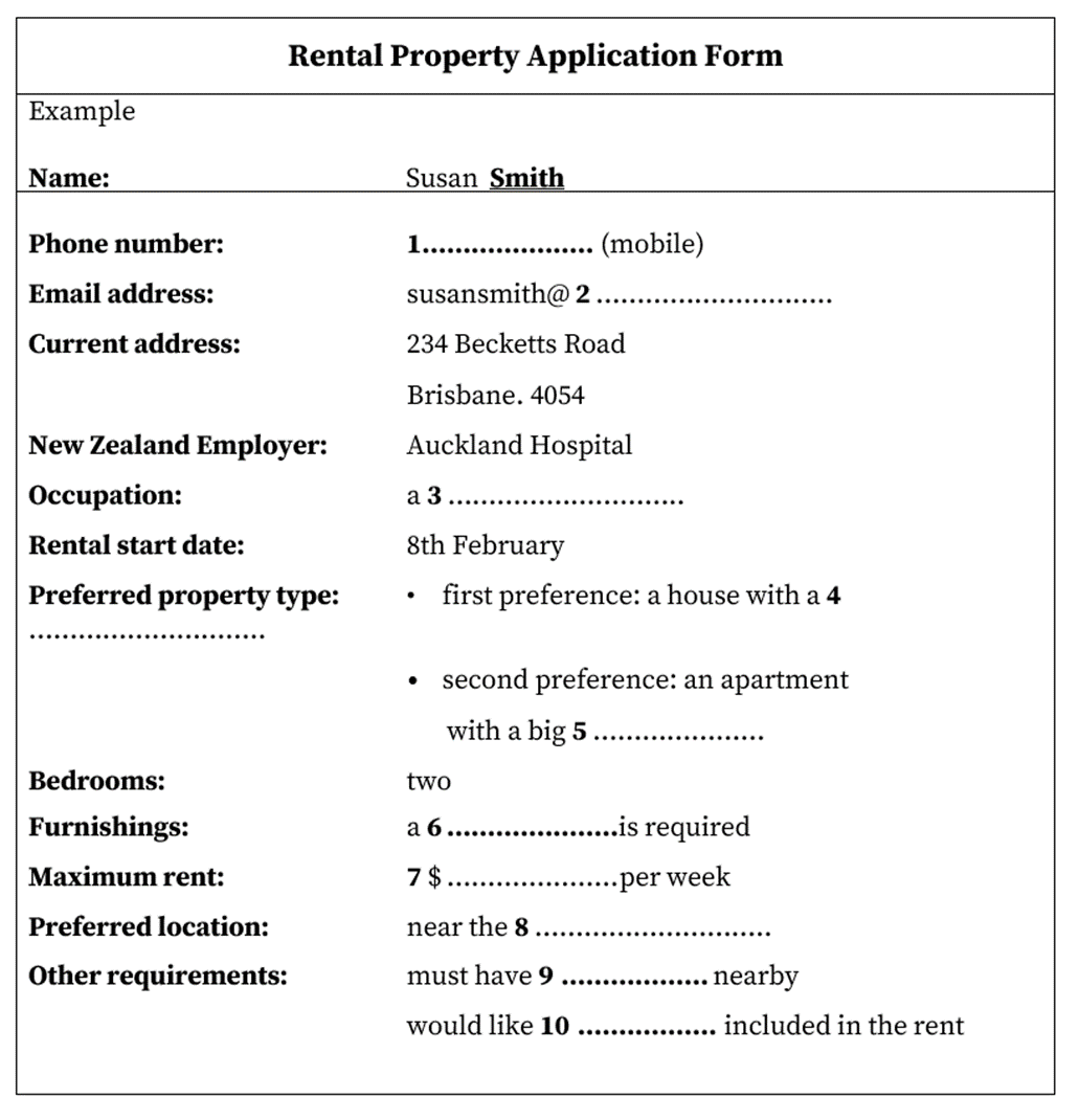 IELTS Listening Practice Test 204 - rental Property Application Form