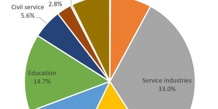 the proportions of graduates from Brighton University in 2019 entering different employment sectors.